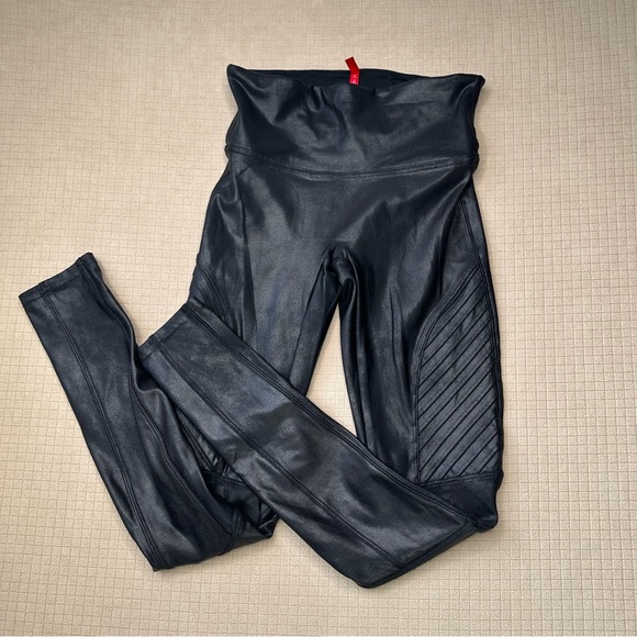 SPANX Faux Leather Moto High Waist Leggings Womens Size S Black Stretch - Picture 3 of 7